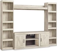 a white entertainment center with sliding doors and shelves