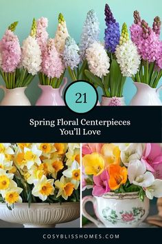 Featuring 21 beautiful floral centerpiece ideas for spring, this pin showcases stunning ideas with hyacinths, daffodils and freesias. It uses three captivating images of elegant spring flower arrangements perfect for floral decoration. Apartment Ideas Living Room, Floral Centerpiece, Camper Decor, Centerpiece Ideas, Floral Centerpieces, Spring Floral