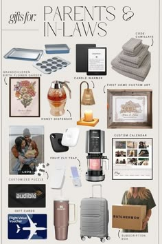 the gift guide for parents and in - laws is displayed on a white background with various items