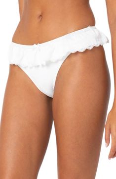 Lace trim enlivens these ruffled bikini bottoms that will add timeless charm to your poolside looks. Cheeky back coverage 95% polyester, 5% spandex Machine wash, dry flat Imported Beachwear Bottoms With Ruffles For Beach Season, Beachwear Ruffled Bottoms For Beach, Ruffled Tie-side Swimwear Bottoms, Beachwear Bottoms With Ruffles For Beach, Poolside Ruffled Tie-side Bottoms, Ruffled Tie-side Bottoms For Poolside, Beachwear Bottoms With Ruffles, Summer Poolside Ruffled Bottoms, Fitted Ruffle Swim Bottoms For Pool