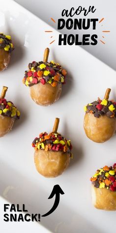 small donuts decorated with candy and sprinkles are on a white plate