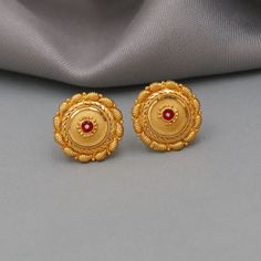 Discover the allure of Handmade Gold Jewelry at https://morvijewels.etsy.com/   Get a dazzling 25% off on all our 22k and 18k gold pieces. Don't miss out on this limited-time offer. Shop now and embrace the radiance of gold!18k Gold Tops Indian Look, Handmade Yellow gold earrings for women, vintage antique design Gold earrings jewelry Metal - Real Gold Gold Purity- 18k yellow Gold Full Length - 1.3 cm Full Width - 1.3 cm Weight - 2.52 grams approx The Earring comes with normal Gold push/backs, i Tops Earings Design Gold, Gold Plated Bridal Earrings In Yellow Gold, Festive Round Temple Jewelry Earrings, Festive Yellow Gold Earrings For Gift, Yellow Gold Temple Jewelry Bridal Earrings, Gold Round Clip-on Earrings For Wedding, 22k Gold Bridal Earrings As Gift, Yellow Gold Earrings For Anniversary And Festive Occasions, Temple Style Bridal Earrings In Yellow Gold