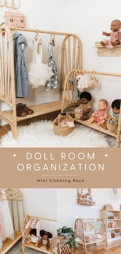 the doll room organization mini closet is organized with dolls and other items, including clothes