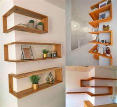 three different shelves with plants on them and some bookshelves in the middle one is made out of wood