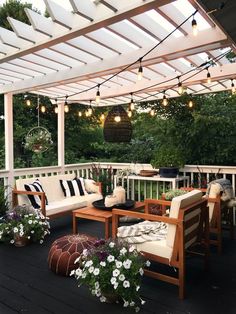 an image of a porch with furniture and lights on the outside, and text that reads try this look at home