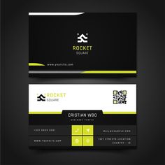 a black and yellow business card with the name rockett square on it, sitting on top of a dark surface