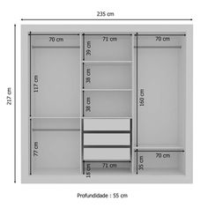 the measurements for an open closet with drawers and shelves in white, shown from front to back