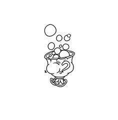 a black and white drawing of a cat with bubbles coming out of its head