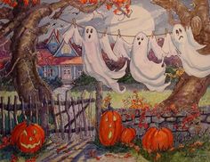 a painting of halloween pumpkins and ghost hanging from a line