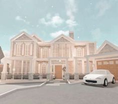 a white car is parked in front of a large house