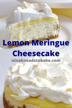 lemon meringue cheesecake on a plate with the rest of the cake in the background