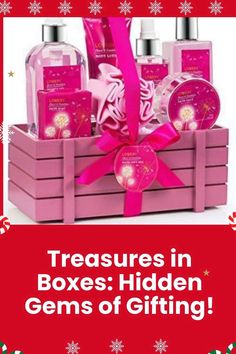 a pink gift box filled with lots of christmas items and the words, treasures in boxes hidden gems of giving