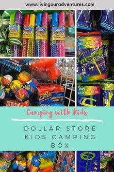 collage of camping with kids dollar store kid's camping boxes and other toys