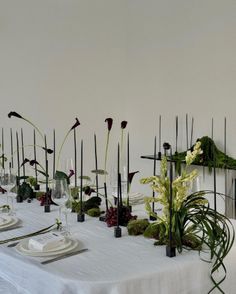 a long table is set with flowers and candles for an elegant dinner or party setting