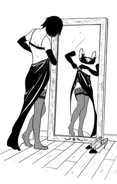 a black and white drawing of a woman looking at herself in the mirror with her reflection