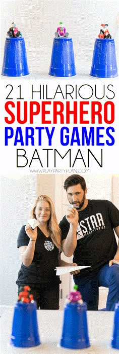 two people sitting at a table in front of blue plastic cups with the words, 21 hilarious superhero party games for batman