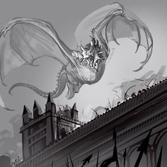 a black and white drawing of a dragon on top of a building with bats flying around it