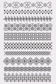 a set of different types of stitching stitches on white paper, with black and white lines