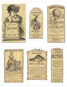 four different types of soap labels in old fashioned packagings, each with an image of a woman holding a bottle