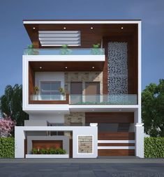 an architectural rendering of a modern house with wood and stone accents on the front facade