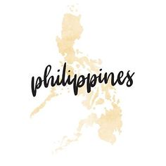 the word philippines written in black ink on a white background with an island map and watercolor