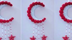 two pictures of red and white crocheted stars hanging from the side of a wall