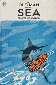 an old man and the sea book cover with a shark in a boat on water