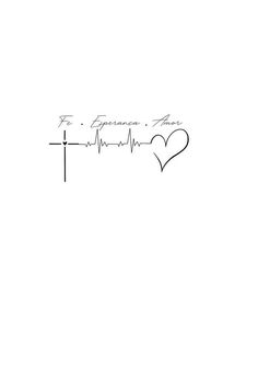 a black and white drawing of a cross with a heart on it's side