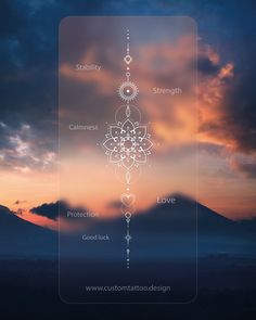 the seven chakras in front of a sunset with clouds and mountains behind them