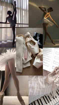 a collage of ballet images including shoes, music sheets, and piano keys with a ballerina in the foreground