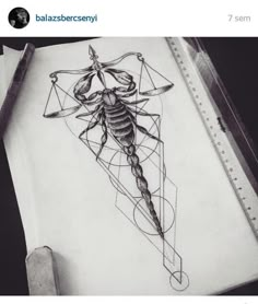 a drawing of a scorpion on paper next to a pen and ink roller with an intricate design