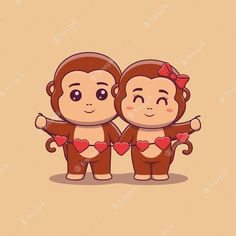 two monkeys with hearts on their chests are standing next to each other and smiling