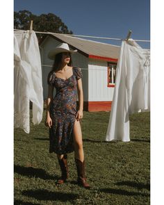 Midi Dress Boots, Beth Dutton Style, Country Western Dresses, Queen Anne Neckline, Dresses With Cowboy Boots, Farm Dress, Dress Boot, Cowgirl Dresses, Puff Sleeve Midi Dress