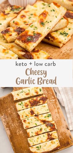 keto and low carb cheesy garlic bread on a wooden cutting board