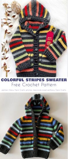 two different knitted sweaters are shown with text that reads, colorful stripes sweater free crochet pattern