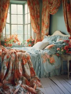 an image of a bedroom setting with flowers on the bed and curtains in the window