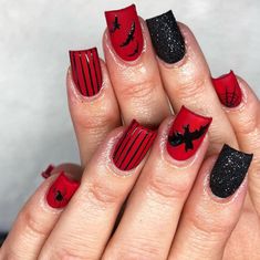 Red And Black Nails Design Halloween, Red Halloween Nails Short, Black And Red Nails Halloween, Halloween Nails Square Short, Halloween Nails Red And Black, Morticia Nails, Halloween Square Nails, Halloween Red Nails, Short Square Halloween Nails