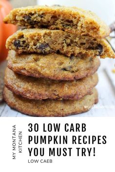 three low carb pumpkin cookies stacked on top of each other with text overlay