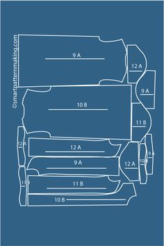 a blueprinted drawing of the top and bottom part of a sewing pattern, with measurements