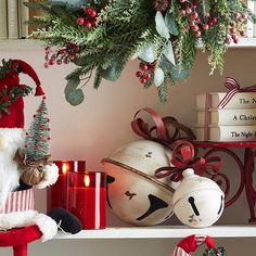 christmas decorations on shelves in a room