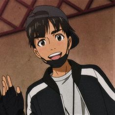 an anime character wearing a black and white jacket with his hand up in the air