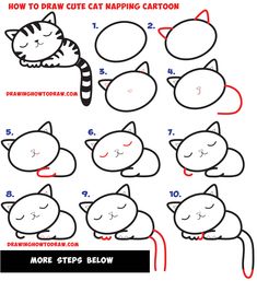 how to draw a cat sleeping cartoon step by step drawing instructions for kids and beginners