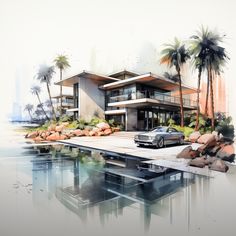 a car is parked in front of a house with palm trees on the water's edge