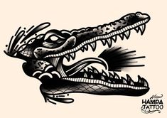 a black and white drawing of a crocodile's head