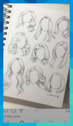 a notebook with some drawings of different hair styles on it and an iphone next to it