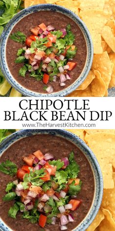 two bowls filled with black bean dip surrounded by tortilla chips and cilantro