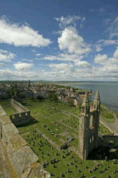 an aerial view of a cemetery with the ocean in the back ground and clouds in the sky