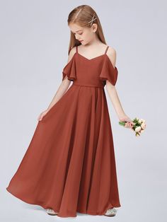 Description:   Off Shoulder Ruffled Chiffon Junior Bridesmaid Dress   Details:     Silhouette: A-line  Fabric: Chiffon  Neckline: Off the Shoulder  Sleeve Length: Sleeveless  Embellishment: Ruffles  Floor-length chiffon dress.   With padding and boning.    Available in full-size range (J4-J16) and in  custom size         Ask a question Kids Bridesmaid Dress, Burnt Orange Bridesmaid Dresses, Dress Georgette, Fall Bridesmaids, Orange Bridesmaid Dresses, Wedding Dresses For Kids, Fall Bridesmaid Dresses, Full Maxi Skirt, Junior Bridesmaid Dress