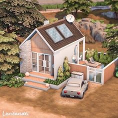 a car is parked in front of a house with a solar panel on the roof