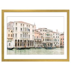 watercolor painting of buildings in venice, italy framed on white paper with gold border